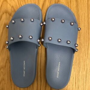 Stuart Weitzman Blue Slides with Pearl Details